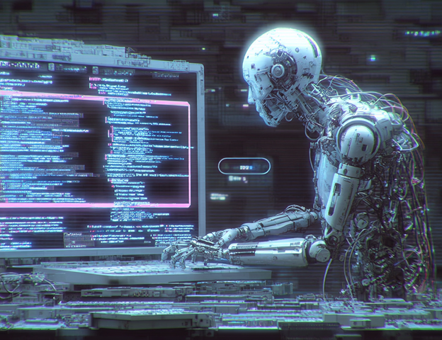 A robot typing at a glowing terminal