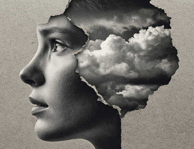 Double exposure portrait blending a face with storm clouds